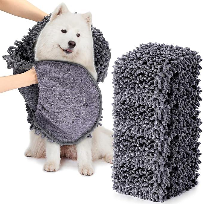 Newwiee 4 Pcs Large Dog Shammy Towel for Drying 32 x 14 in Microfiber Absorbent, Quick Drying Dog Bath Towel with Hand Pocket, Machine Washable for Pet Puppy Cleaning Shower Supplies(Grey)