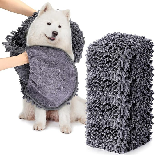 Newwiee 4 Pcs Large Dog Shammy Towel for Drying 32 x 14 in Microfiber Absorbent, Quick Drying Dog Bath Towel with Hand Pocket, Machine Washable for Pet Puppy Cleaning Shower Supplies(Grey)