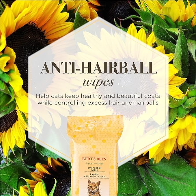 Burt's Bees for Pets Anti-Hairball Wipes for Cats with Sunflower Oil and Wheat Germ Oil, 98% Natural Origin Formulas, Cat Hairball Remedy, Cat Wipes for Hairballs, 50 Count - 6 Pack