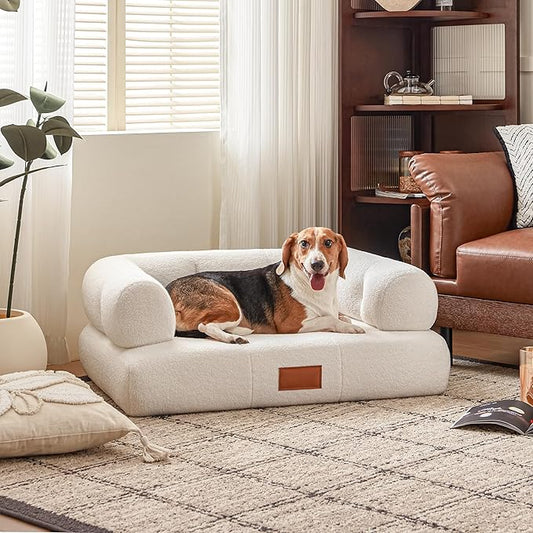 White Faux Shearling Dog Couch Bed for Large Dogs Under 70 lbs, 33.9 Inch Modern Tufted Elevated Dog Sofa with Leather Nameplate, Indoor Furniture Style Cute Raised Pet Sofa Bed (Large)