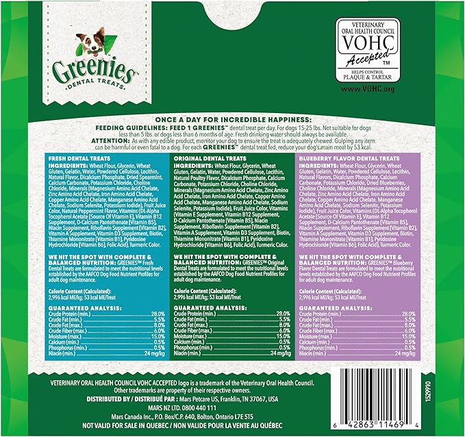 Greenies Veterinarian-Recommended Adult Natural Dental Dog Treats Petite Size, Fresh Flavor, Original Flavor, and Blueberry Flavor, (3) 12 oz. Packs, 60 Count