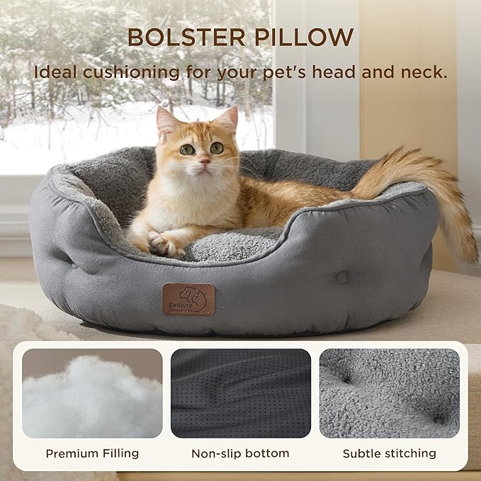 Bedsure Self Warming Cat Bed - Round Cat Beds for Indoor Cats, Washable Pet Bed for Puppy and Kitten with Slip-Resistant Bottom, 20 Inches, Self Warming Grey, Non-Electric