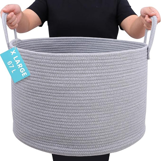 OrganiHaus Large Woven Storage Basket for Blankets and Toys 20" x 13" Inch, Rope Laundry Basket with Handles, Cushions & Pillows Storage Bin, Nursery Hamper, Soft Round Dog Toy Bin - Gray