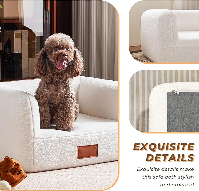 White Faux Shearling Dog Couch Bed for Small Dogs Cats Under 35 lbs, 25.6 Inch Modern Elevated Cat Sofa with Leather Nameplate, Indoor Furniture Style Cute Raised Pet Sofa Bed (Small)