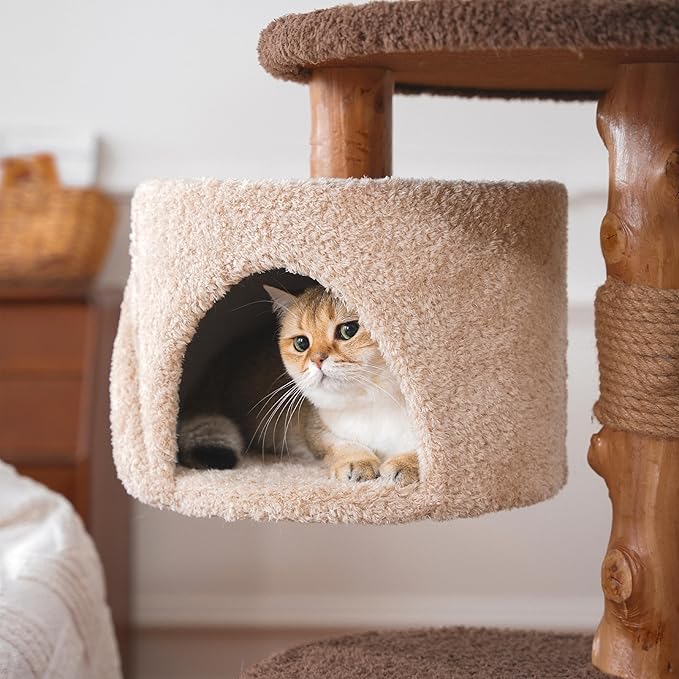 68 Inch Tall Mid Century Modern Solid Wood Cat Tree Tower for Indoor Cats Large Adult, Sturdy Heavy-Duty Cat Condo with Scratching Post, Perch, Scratcher, Platform, Cozy Hideaway (Brown, 68“H)