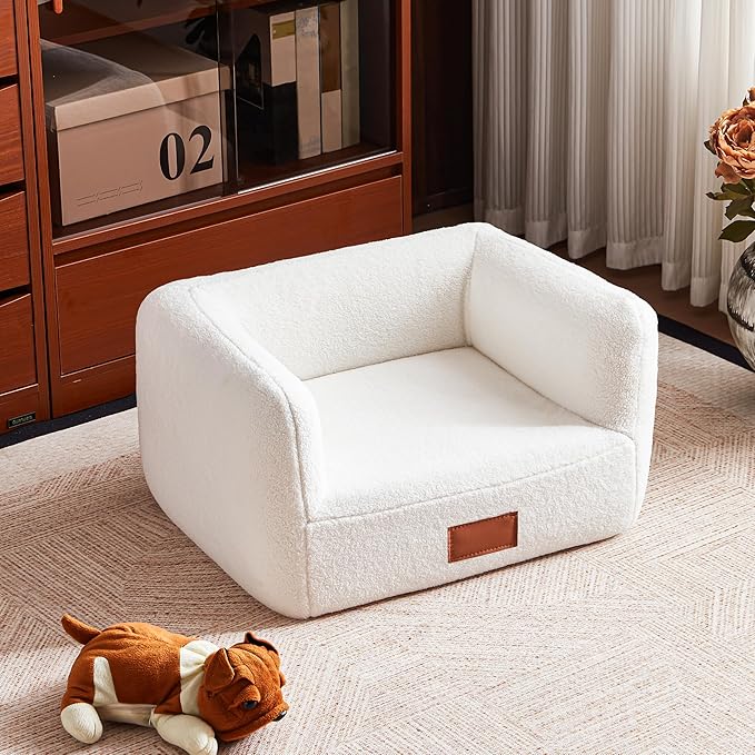 White Faux Shearling Dog Couch Bed for Small Dogs Cats Under 35 lbs, 25.6 Inch Modern Elevated Cat Sofa with Leather Nameplate, Indoor Furniture Style Cute Raised Pet Sofa Bed (Small)