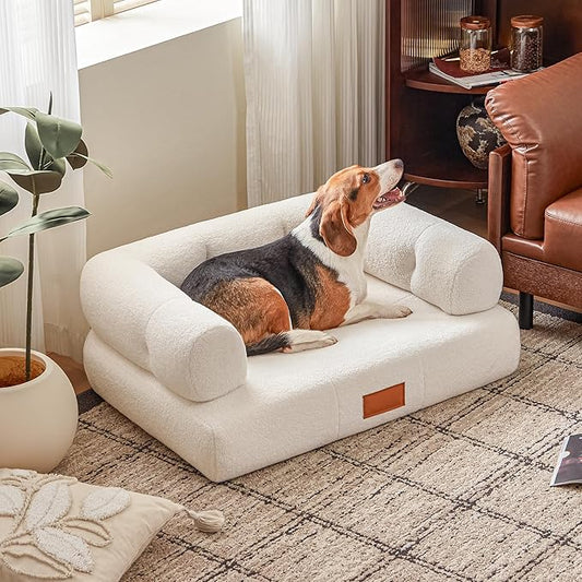 White Faux Shearling Dog Couch Bed for Large Dogs Under 70 lbs, 33.9 Inch Modern Tufted Elevated Dog Sofa with Leather Nameplate, Indoor Furniture Style Cute Raised Pet Sofa Bed (Large)