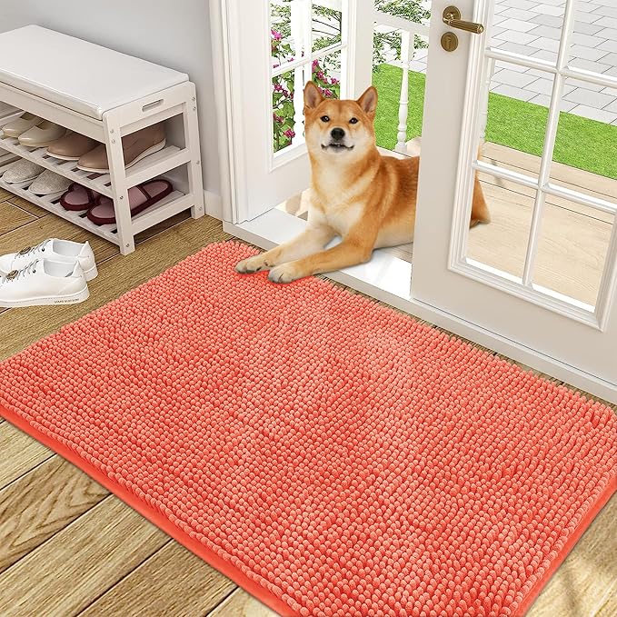 OLANLY Dog Door Mat for Muddy Paws 48x30, Absorbs Moisture and Dirt, Absorbent Non-Slip Washable Doormat, Quick Dry Chenille Mud Mat for Dogs, Entry Indoor Entryway Carpet for Inside Floor, Coral