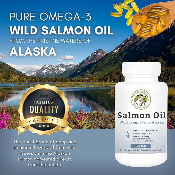 Wholistic Pet Organics Wild Alaskan Salmon Oil for Dogs - 100 Soft Gels - Rich Omega 3 Fish Oil with EPA & DHA for Skin, Coat, Joint, and Heart Health - Natural Dog Skin & Coat Care