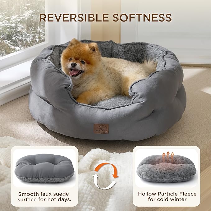 Bedsure Self Warming Dog Beds for Small Dogs - Round Medium Cat Beds for Indoor Cats, Washable Pet Bed for Puppy and Kitten with Slip-Resistant Bottom, 25 Inches, Self Warming Grey, Non-Electric